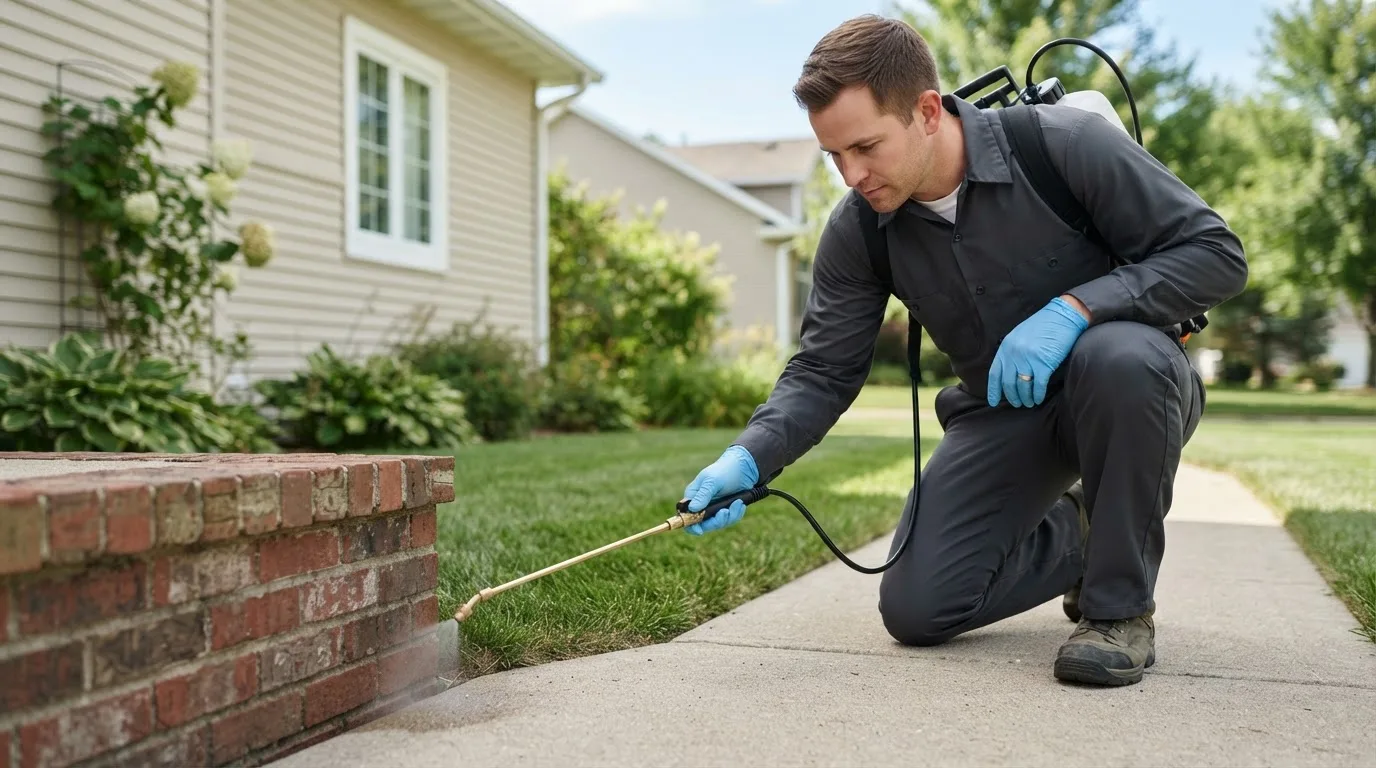 Pest control technician treating a home near Auburn, IA