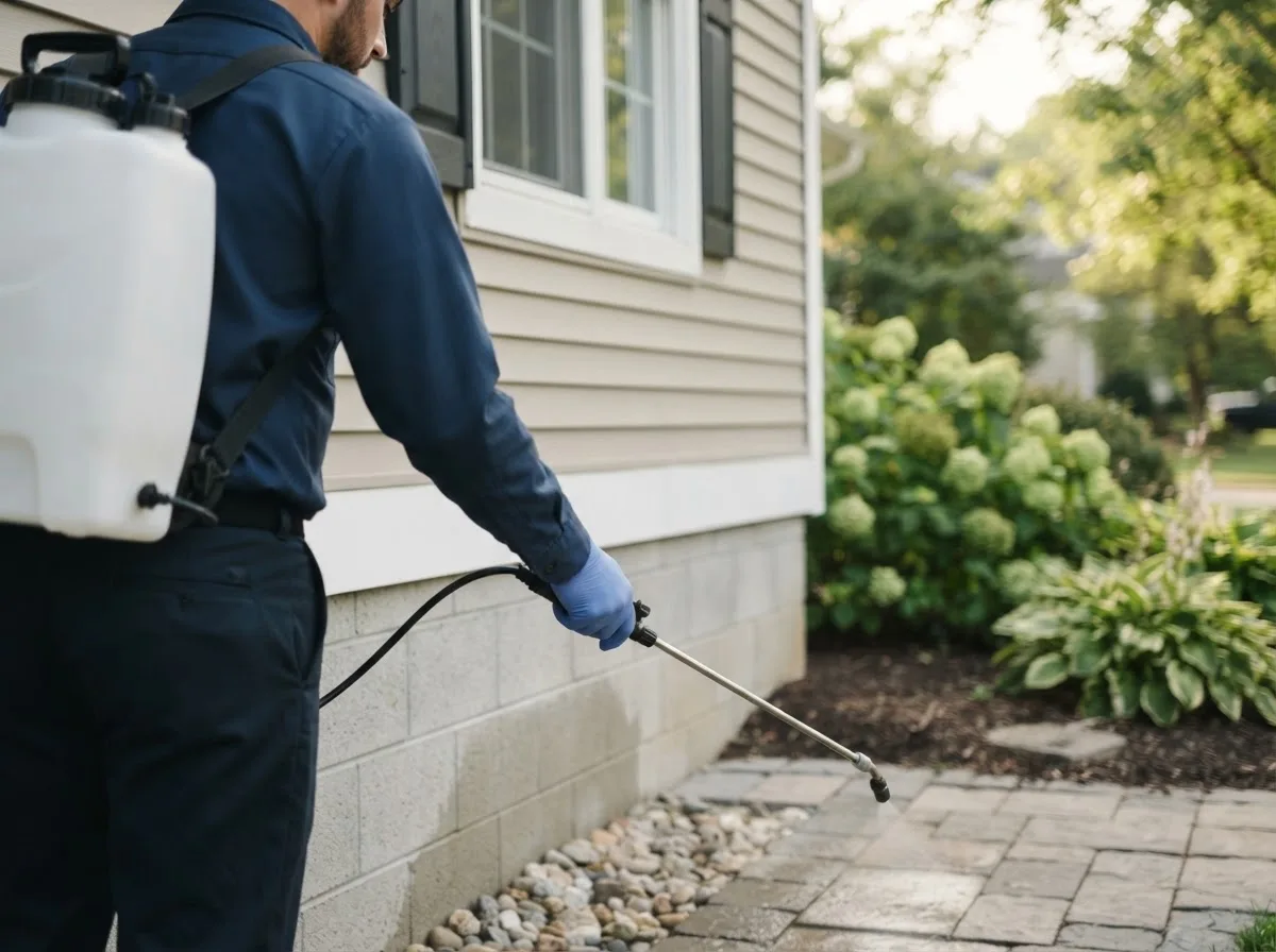 Pest control technician inspecting a home in Auburn, IA